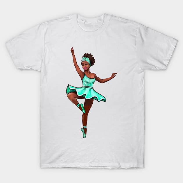 Ballet Dancer in green tutu dancing cute black girl African American brown skin ballerina - Dance T-Shirt by Artonmytee